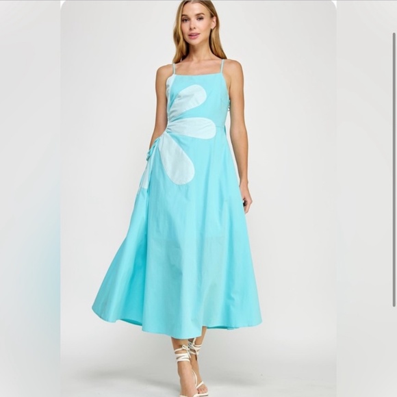 906. The Daisy” Cutout Aqua Blue and White Women's Dress - Picture 2 of 3